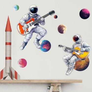 Imagem de SUPERDANT Adesivos de parede 3D adesivo de parede espacial astronauta ouvir música decalques adesivos para paredes planetas adesivo de arte de vinil para quarto de menino sala de estar berçário