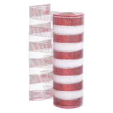 Imagem de PATIKIL Fita de malha decorativa, 25,4 cm x 25,5 m, rolo de fita metálica para decoração de guirlanda de árvore de Natal, vermelho a laser branco