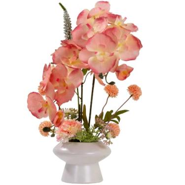Imagem de LESING Arranjo de flores de orquídeas em vaso, flor artificial de orquídea de seda falsa com vaso de cerâmica, flor de orquídea sintética, bonsai vívido Phalaenopsis para decoração de vasos (vaso