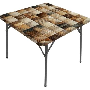 Imagem de ESFVRG Toalha de mesa marrom, cubos inspirados em patchwork em blocos quadrados boêmios, borda elástica, adequada para decoração de mesa, buffet e acampamento, adequada para mesa quadrada de 71 cm x