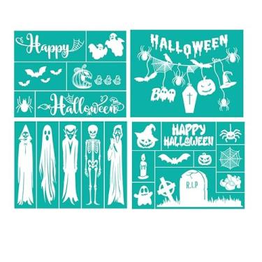 Imagem de 4 peças de estêncil autoadesivo de tela de seda para Halloween, crânio assustador, bruxa, fantasma, boo, abóbora assombrada, estêncil reutilizável para pintar em madeira, artesanato, estêncil de