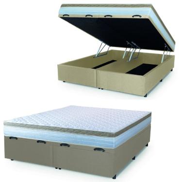 Imagem de Cama Box Baú Casal King Colchão Com Molas Ensacadas 193x203x63cm Dunas Branco/Bege Hellen