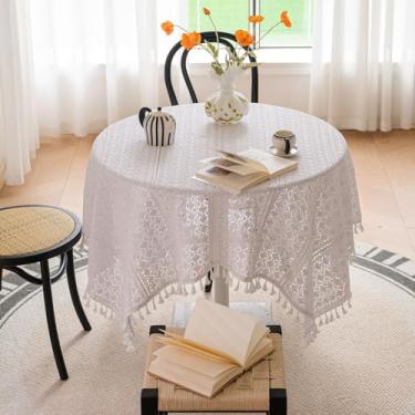 Imagem de Wuluwala Toalha de mesa quadrada pequena de renda vintage de crochê com borlas, toalha de mesa estilo francês, toalha de mesa de algodão feita à mão para chá de panela, festa de aniversário, casamento