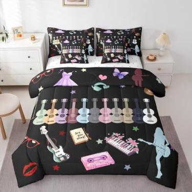 Imagem de Erosebridal Jogo de cama com tema musical, tamanho casal, violão, preto (edredom + elástico + lençol de cima + 2 fronhas + 2 fronhas de travesseiro), 7 peças, moderno, conjunto de cama, presente para
