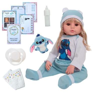 Imagem de Bebê Reborn 100% Silicone Loira Roupa Stitch + Kit Itens - Cegonha Reb