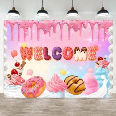 Imagem de ASDCXZ 2,1 x 1,5 m Pano de fundo de donut colorido bem-vindo, doce, sobremesa, donut, sorvete, doce, sorvete, cobertura, fotografia, fundo, faixa para festa de aniversário, decoração de festa de