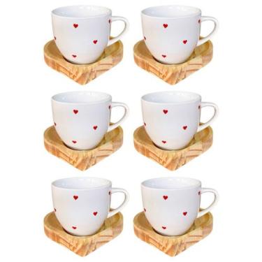 Imagem de Kit 6 Xícaras Paris 170ml Poá Coração Vermelho Com Pires De Madeira Co