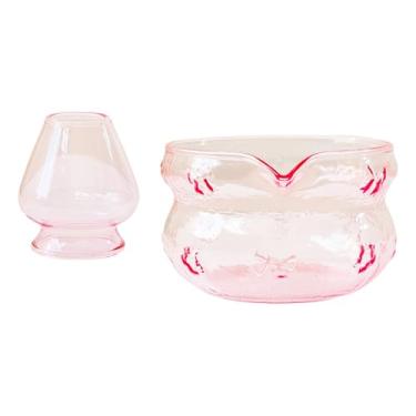 Imagem de IEUDNS Tigela de vidro Matcha feita à mão com bico resistente ao calor, presente com suporte para batedor de Matcha, Chawan para escritório, cozinha, café, Rosa