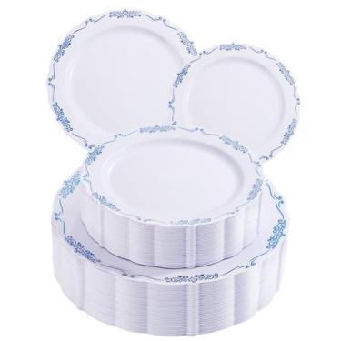 Imagem de Pratos de plástico Dayammi Blue Rim White 60 unidades (30 para jantar,