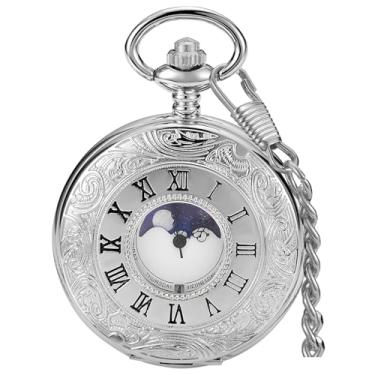 Imagem de Relógio de bolso vintage com escala de números romanos, calendário de fases da lua, quartzo, relógio de bolso com corrente, melhor presente, SH1003 - prata, todos os dias