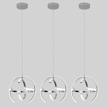 Imagem de Luminária pendente LED cromada moderna, lustre de globo de metal regulável prata de 33 cm, luminária de teto suspensa para sala de jantar, quarto, sala de estar, cozinha, ilha, corredor, hall de