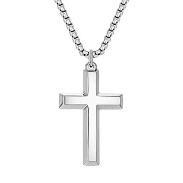 Imagem de VIPV Colar de cruz masculino prata ouro preto aço inoxidável borda chanfrada pingente cruz colar cristão para homens crucifixo caixa pingente comprimento 55-61 cm, 24 inches, Metal, Sem Pedra Preciosa