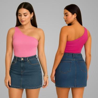 Imagem de Kit 2 Blusa Mula Manca Um Ombro So Basica Canelada Verão - Luau Brasil