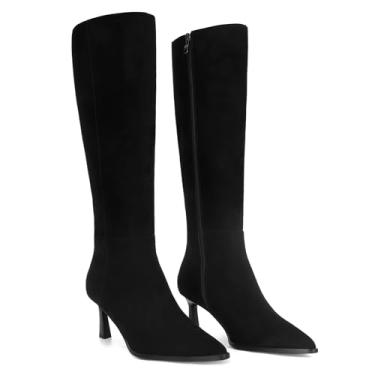 Imagem de MICIFA Botas femininas com salto gatinho na altura do joelho bordô com zíper lateral botas altas de couro bico fino para outono, Camurça preta, 41 BR