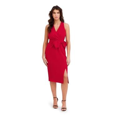 Imagem de London Times Vestidos femininos sem mangas com decote em V midi amarrados na cintura e festa de casamento, Vermelho, 36