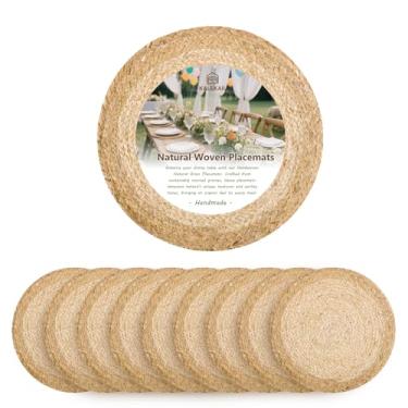 Imagem de Jogo americano redondo de 33 cm de tecido, conjunto de 10, tapetes de vime natural, jogo americano trançado de juta boêmio para uso ao ar livre, tapetes de mesa de vime, carregadores para pratos de