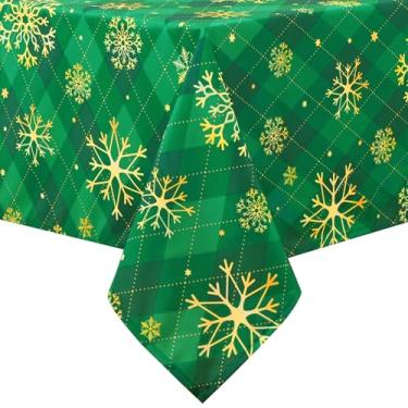 Imagem de Likiyol Toalha de mesa de Natal 152 × 300 cm dourada floco de neve retangular toalha de mesa xadrez buffalo, toalha de mesa de Natal à prova d'água de inverno para festa, piquenique, decoração de
