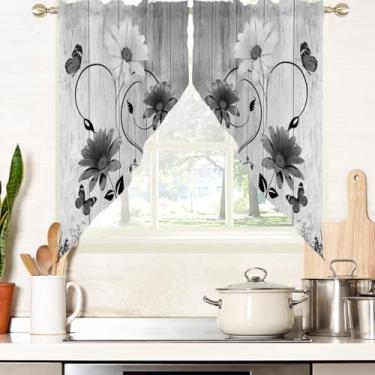 Imagem de AAtter Cortina floral preta para janela, branca, cinza, flor, rústica, vintage, margarida, borboleta, pequena, curta, topo, banheiro, sala de estar, quarto, decoração de tecido, 1 par, 71 cm L x 91 cm