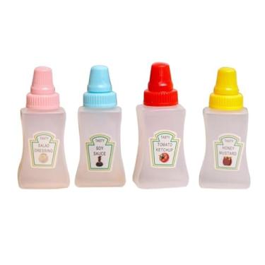 Imagem de Mozff 4 peças de recipientes coloridos garrafa de molho de salada vazia portátil reutilizável multifuncional garrafas de mel armazenamento mini garrafas de ketchup para churrasco ao ar livre espremer