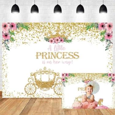 Imagem de Pano de fundo de princesa para chá de bebê de 1,8 x 1,2 m, A Little Princess is on Her Way, rosa, floral, ouro, coroa, carruagem, fotografia de fundo dourado com glitter para decoração de festa de