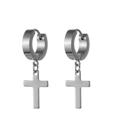 Imagem de MALOYANVE Brincos de argola de cruz de aço inoxidável para homens e mulheres, descolados, personalizados, hip hop, fashion, leve, prata, redondo, pendurado, brincos com dobradiças, presentes de festa