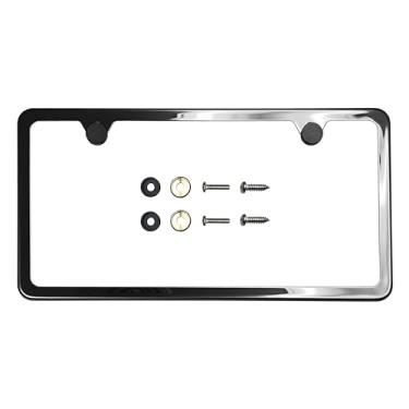 Imagem de T304 Moldura de placa de licença fina de aço inoxidável com dois furos – Acabamento polido espelhado 8K, resistente à ferrugem, design fino, ajuste universal, inclui tampas de parafuso, arruelas e