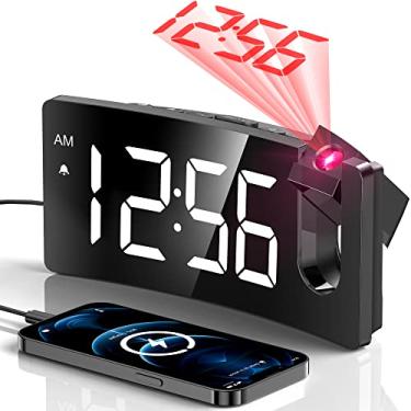 Imagem de Despertador de projeção, relógio digital com projetor rotativo de 180°, regulador de intensidade de brilho de 3 níveis, visor LED transparente, carregador USB, volume progressivo, soneca de 9 minutos,