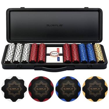 Imagem de Maleta de Poker com Detalhes de Couro e 500 Fichas sem Numeração para Texas Holdem 14g, SLOWPLAY, Preta