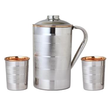 Imagem de Jarra de água de aço inoxidável e cobre puro com 2 copos combinando para benefícios de saúde Ayurveda (140 ml) (padrão de forro)