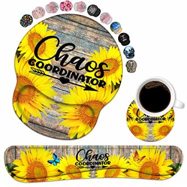 Imagem de Conjunto de descanso de pulso para teclado e mousepad, suporte de pulso com porta-copos e coordenador do Chaos com base de poliuretano antiderrapante para computador, laptop, escritório, trabalho, estudo, digitação fácil e alívio da dor