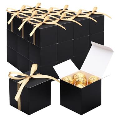 Imagem de EUSOAR Caixas de doces, lembrancinhas de festa, 30 peças de 7,5 x 7,6 cm x 7,6 cm, mini caixa de biscoitos de padaria com fita dourada, recipientes quadrados de papel de chocolate para decoração de