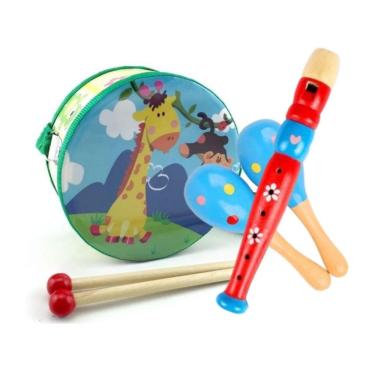 Imagem de Conjunto musical de brinquedo de madeira para crianças com flauta, tambor e chocalhos