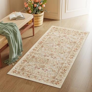 Imagem de DUKINO Tapete de 5 x 10 cm para entrada, tapete de corredor lavável leve com suporte antiderrapante, tapete pequeno floral vintage para cozinha, corredor, entrada, banheiro, quarto, bege