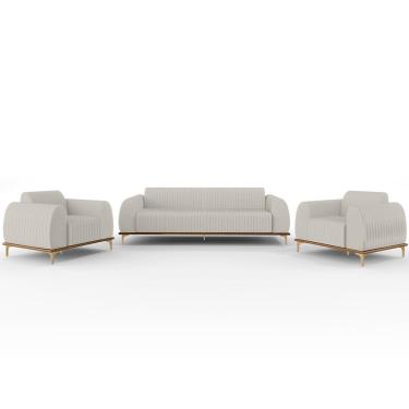 Imagem de Kit Sofá 2 Lugares 150cm Com 2 Poltronas Molino Pés D'ouro D02 Linho Cru C-443 - Lyam Decor