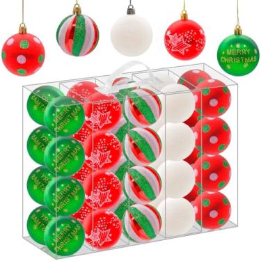 Imagem de 40 peças de enfeites de bolas de Natal de 6 cm, enfeites de árvore de Natal de plástico, enfeites de Natal, decorações suspensas para festas de Natal, bolas vermelhas verdes e brancas