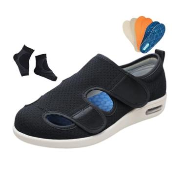 Imagem de Sapatos Ortopédicos De Verão Ocos Respiráveis ​​e Ajustáveis ​​para Diabéticos Para Homem, Chinelos Casuais Pés Inchados Calçado Médico Antiderrapante, Diabéticos Edema, Fascite(Black,47 EU)