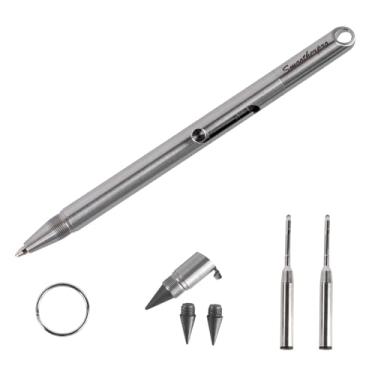 Imagem de SMOOTHERPRO Caneta de aço inoxidável Bolt Action, esferográfica e lápis em uma com ponta de liga de grafite, design de torção retrátil, para esboços de escritório, diário, prata (SSPG10)