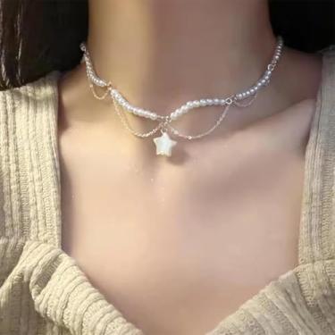 Imagem de 1 colar de camada dupla simples com pingente de estrela de concha para mulheres, acessórios de joias de festa da moda, one size, Plástico, plástico