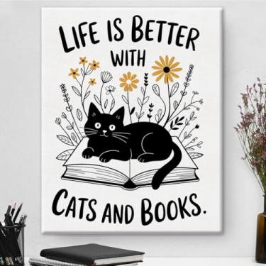 Imagem de Pôster de arte de parede em tela emoldurada de gato engraçado Life Is Better with Cats and Books Painting Ready to Hang for Home Reading Room Library Room Wall Decor 20 x 25 cm