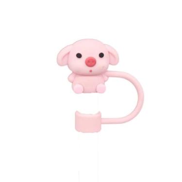 Imagem de Capa universal de canudo de silicone 6-10 mm - tampa hermética reutilizável para copos, design animal seguro para máquina de lavar louça para proteção de bebidas interna/externa (rosa)