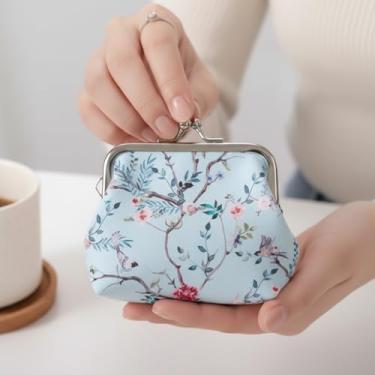 Imagem de Pequena bolsa floral com design de porta-moedas, mini carteira floral com moldura Kiss Lock para mulheres, chaves, cartões, porta-dinheiro, Azul