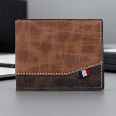 Imagem de Carteira masculina de grande capacidade, porta-cartões de visita retrô de poliuretano dobrável com 5 compartimentos, janela para cartão de identificação, bolso com botão, Marrom, small, Casual