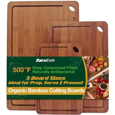 Imagem de Tábuas de corte de bambu, tábuas de corte de madeira duráveis para cozinha - Tábuas de corte de madeira carbonizada profunda com ranhuras de suco e alças embutidas, bandeja de servir dupla face de