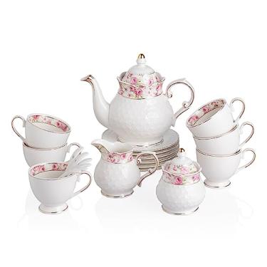 Imagem de Sweejar Conjunto de chá de porcelana com 21 peças, conjunto de xícara e pires vintage floral de bule de chá, xícara de chá para chá solto, açucareiro e jarra de creme com colheres, serviço para 6