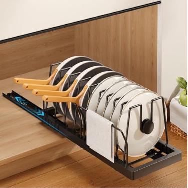 Imagem de Organizador de Panelas em Aço Carbono Expansível, Suporte para pratos, Organizador de Tampa de Panela com 10 Prateleiras Ajustáveis ​​em Aço Inoxidável, Organizador de Plástico de Armario Cozinha