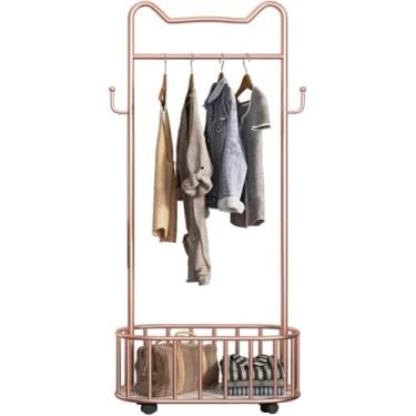 Imagem de Cabide De Roupas Requintado Com Cabide De Armazenamento Organizador De Suporte Industrial De Entrada 3 Em 1 Independente Com 1 Cesta De Armazenamento 2 Ganchos Com Estru, Rose Gold, 80 * 32 * 178cm