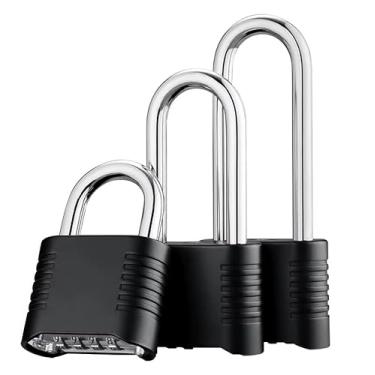 Imagem de Cadeado combinado, 3 peças – 3 tamanhos cor preta, cadeado externo de 4 dígitos, desbloqueio com um toque, alta segurança, à prova de intempéries, design de senha oculta para armário, casa, escola