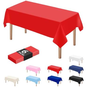Imagem de DaiUni 6 peças de toalhas de mesa descartáveis de plástico vermelho para festas 137 x 274 cm, toalhas de mesa retangulares de plástico para festas