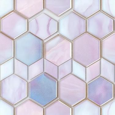 Imagem de HOMETITUTE 10 peças 12 x 30 cm rosa azul hexágono padrão favo de mel azulejos de piso descascar e colar adesivos removíveis de vinil DIY para cozinha, banheiro, sala de estar, entrada, decoração de