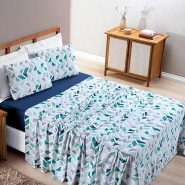 Imagem de Jogo De Lençol Casal Padrão Quality Malha 100% Algodão Estampado 4 Peças - Geometrico Azul